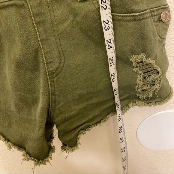 Forever 21 Green denim distress Shorts bib Overalls green stretchy size 27 - Picture 6 of 10